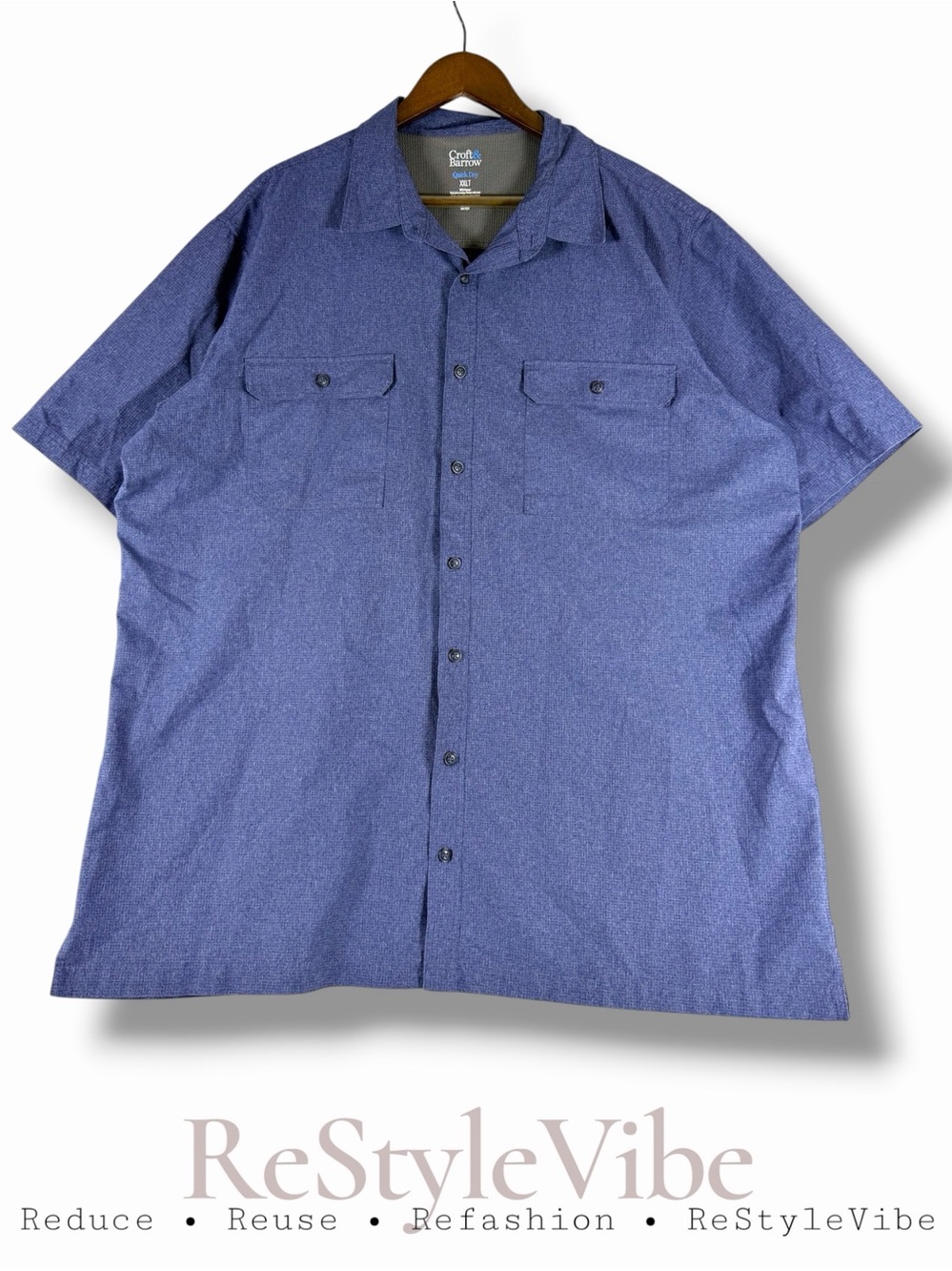 CROFT & BARROW Men’s Size XXLT Shirt Button Down Short Sleeve Quick Dry Navy